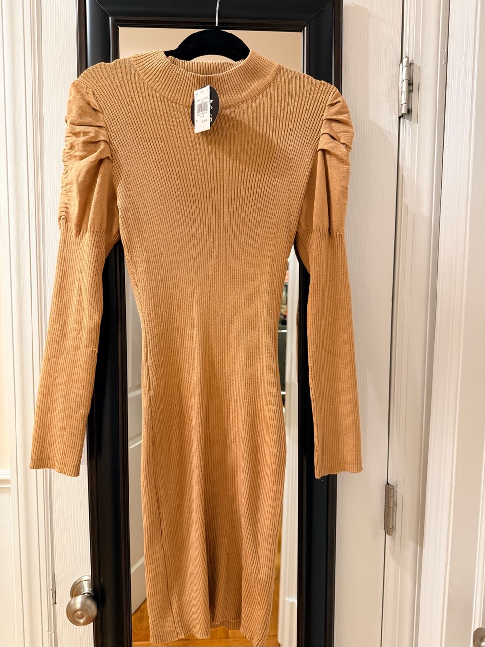 Ribbed Long Sleeve Midi Dress in Camel